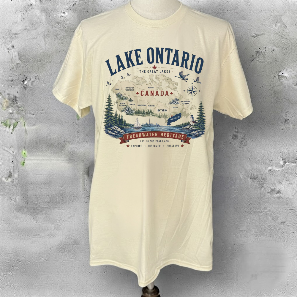 Lake Ontario Freshwater Heritage Canada Map Vintage Cream T-Shirt